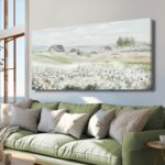 VAYIMDH Farmhouse Wall Art White Flowers Painting Rustic Scenery Green Pictures Wall Decor 24″x 48″ Meadow Prints for Living Room Dining Room Bedroom Aesthetic