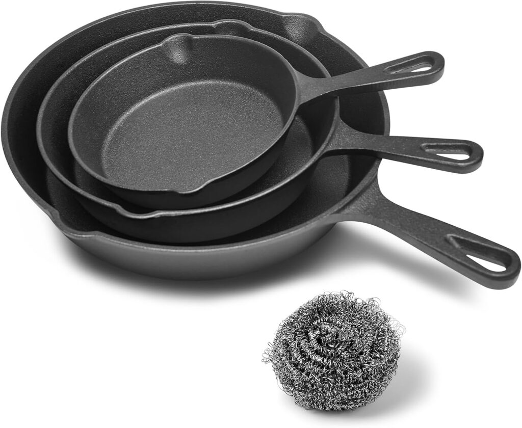 WANGYUANJI Heavy-Duty Cast Iron Skillet Set – Durable Frying Pans for Stove, Oven, Grill & Campfire, Easy to Use and Clean, Black(5.91inch,7.87inch,10.04inch)
