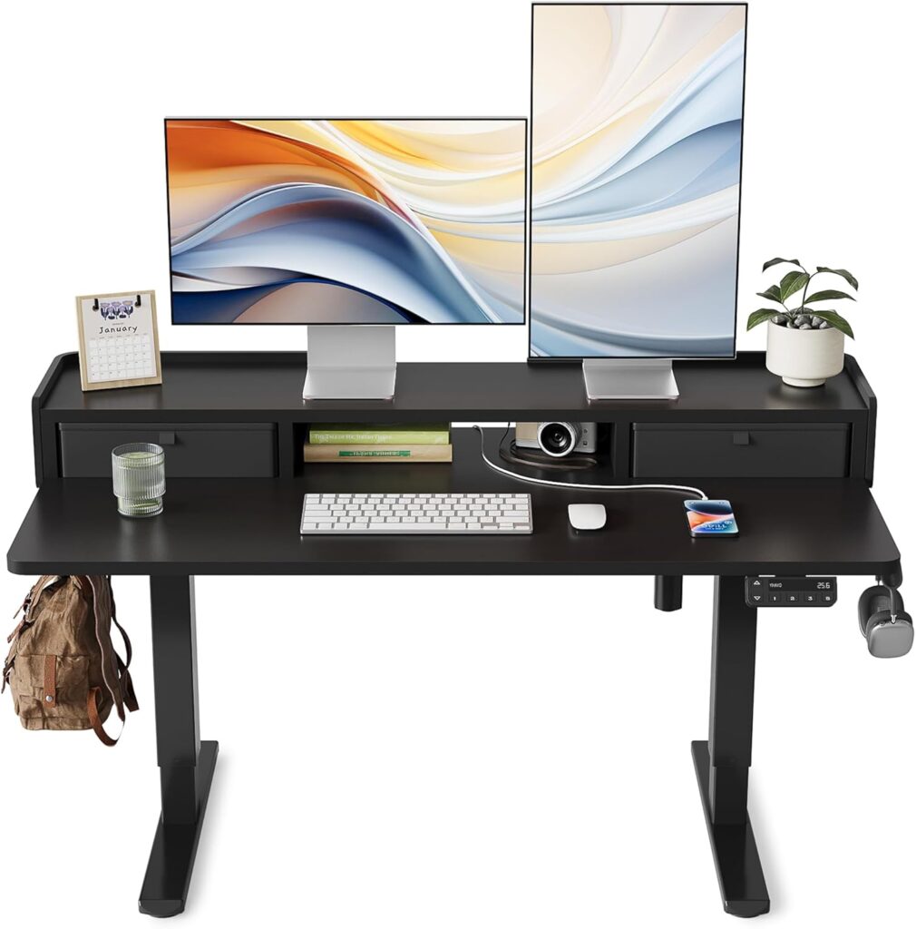 YIHAYO Low Height Adjustable Desk with Drawers, Lifts 18.1-28.3 Inches, Electric Standing Desk with Storage Shelf for Short People, 48 x 24 Inches Table with Splice Board for Home Office, Black