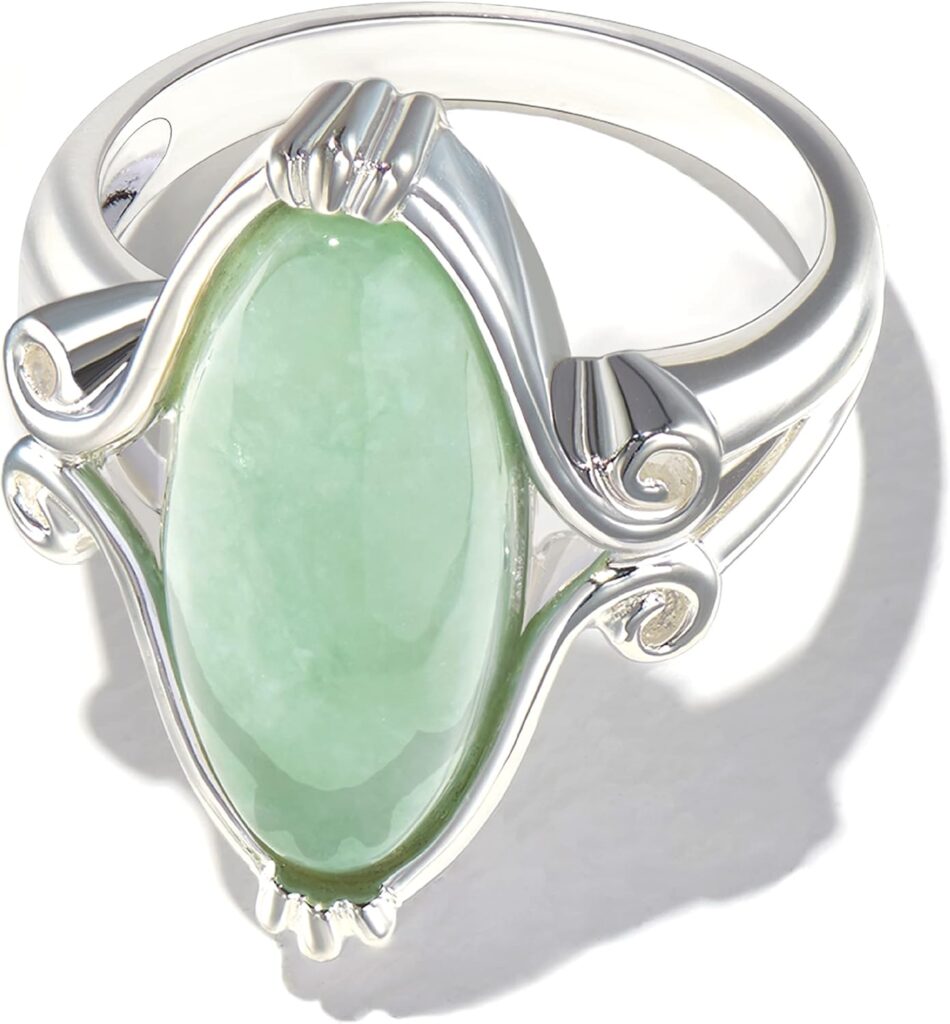 MORGAN & PAIGE .925 Sterling Silver Rhodium or 18K Yellow Gold Plated Genuine Green Jade Rings for Women – Hypoallergenic Vintage Celtic Oval Jade Stone Statement Rings Scrollwork Setting, Size 5-9