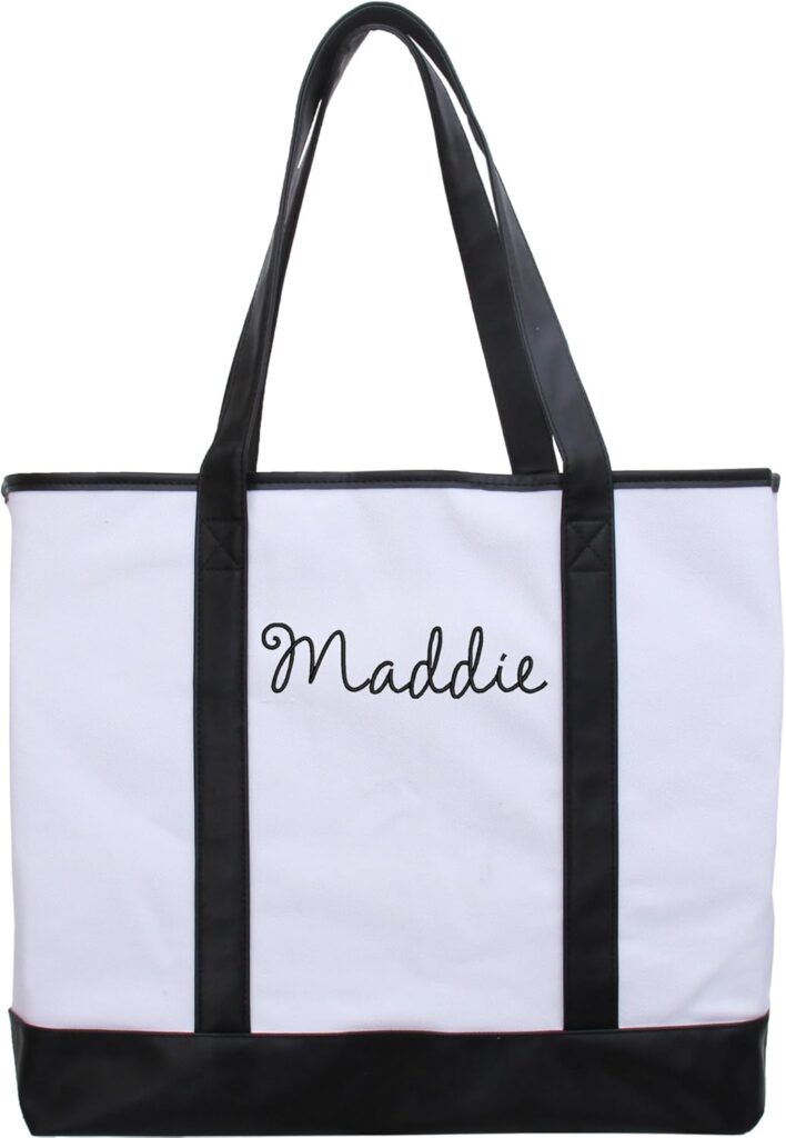 Personalized Tote Bag with Embroidery – Extra Large Canvas & Leather Handle Custom Monogram Bag 22″x16″x6″
