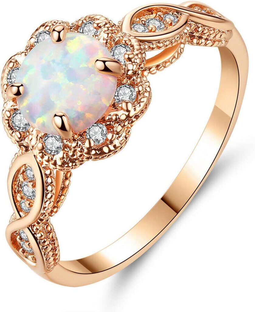 CiNily 18K Gold Plated Opal Ring-White Fire Opal & Amethyst & Cubic Zirconia Women Jewelry Gemstone Engagement Anniversary Ring Size 5-13