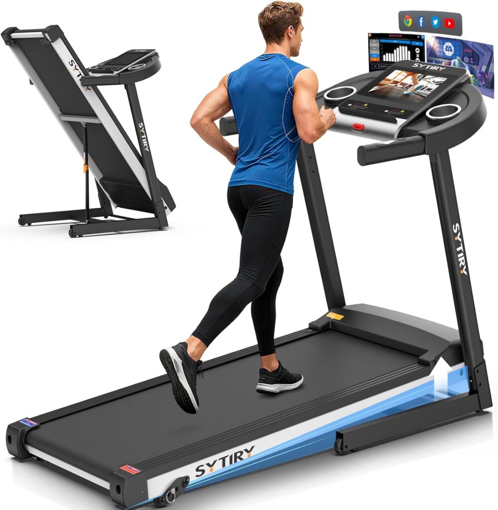 SYTIRY Incline Treadmills for Home with TV Screen and WiFi, 3.25HP Smart Walking Pad Treadmill with Incline, Heavy Duty Foldable Electric Running Machine with 10” Touchscreen, 3D Virtual Sports Scenes