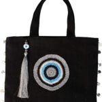 Oversize Evil Eye Black- Silver Jute Handbag Tote Beach Bag Zipper Gift Bag with Crystals and Tassels, Large