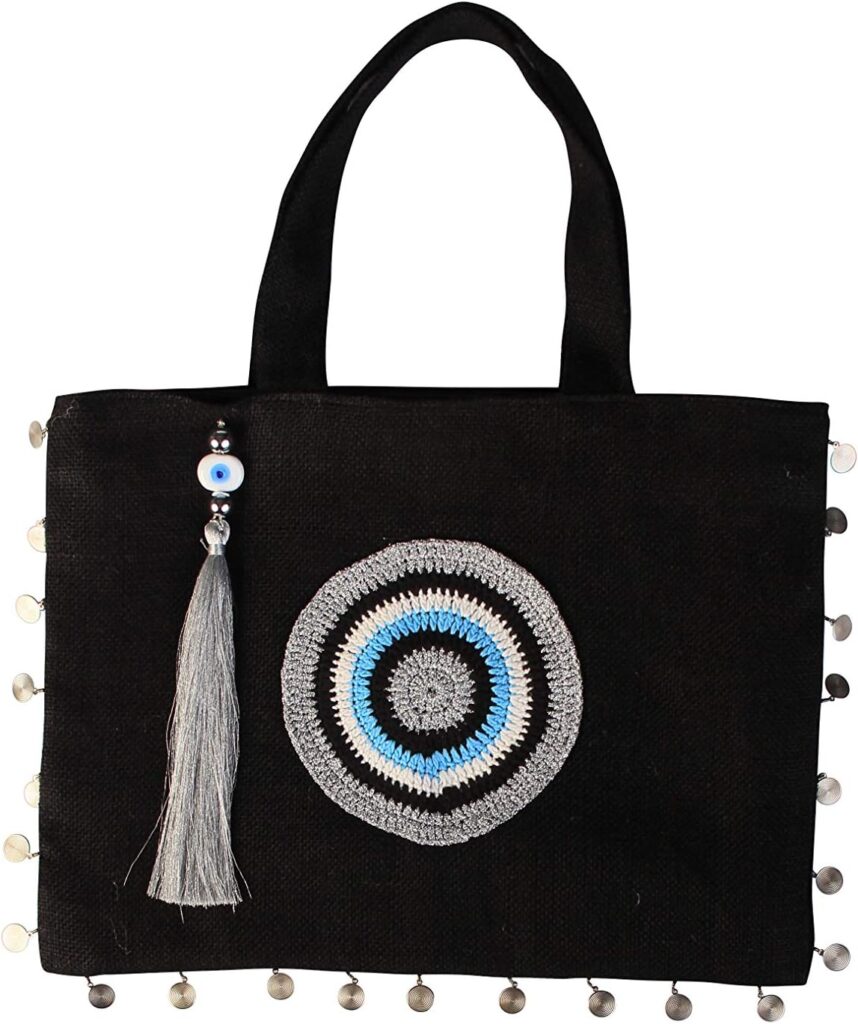 Oversize Evil Eye Black- Silver Jute Handbag Tote Beach Bag Zipper Gift Bag with Crystals and Tassels, Large