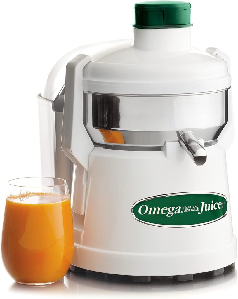 Omega Centrifugal Juicer High Speed Pulp Ejection Juice Extractor 1/3 HP Juices Vegetables Citrus and Fruits at 3500 RPM Surgical Stainless Steel Parts and Blade, 250-Watts, White