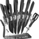 Knife Set, D.Perlla 16 Pieces Black Kitchen Knife Set with Acrylic Stand, High Carbon Stainless Steel, BO Oxidation Knife Block Set, No Rust, Non Slip Handle, Sharp Knife