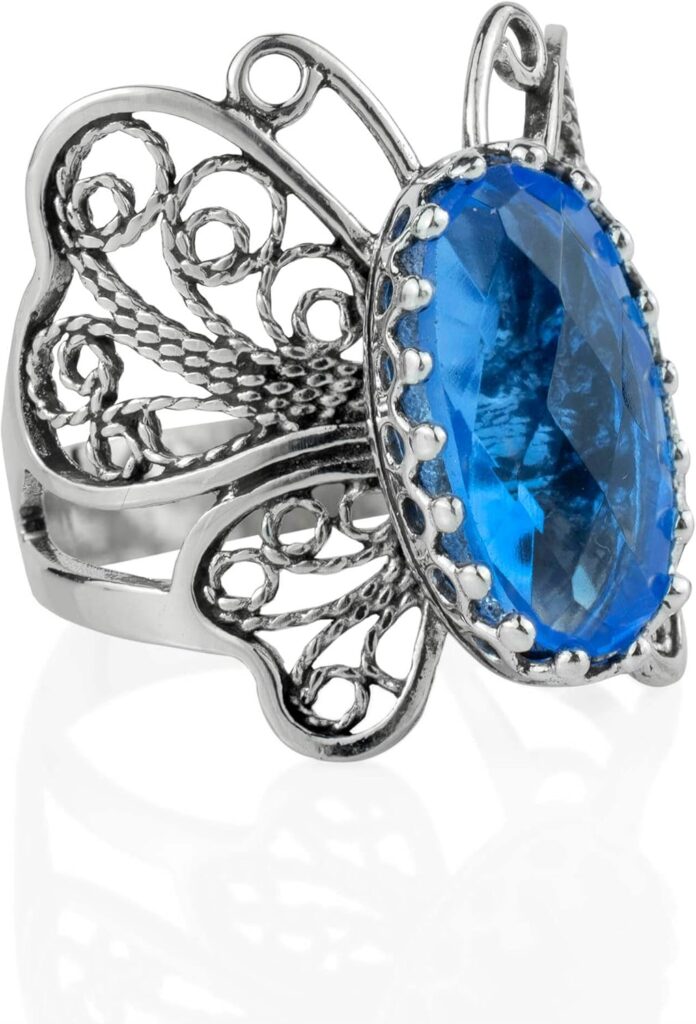 Filigranist Sterling Silver Filigree Art Butterfly Women Cocktail Ring with Gemstones