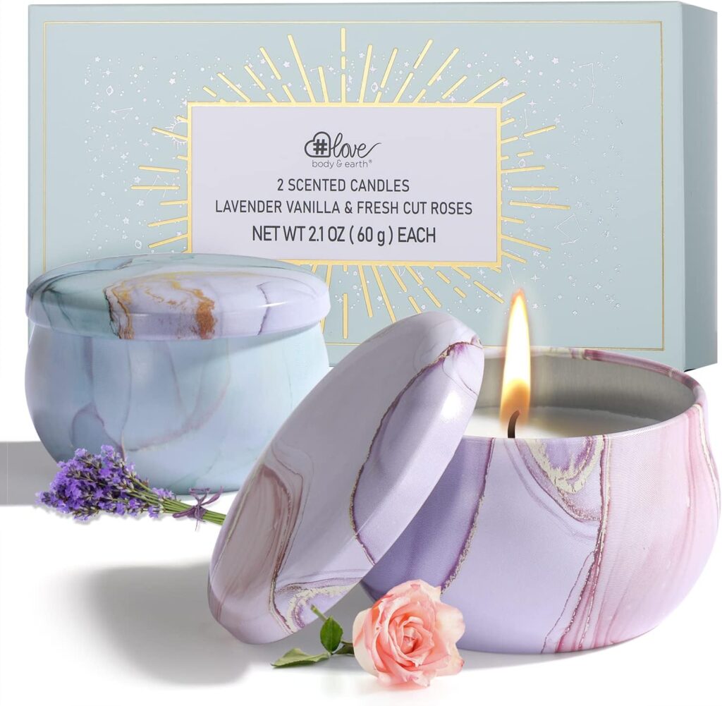2-Pack Soy Candles Gift Set – Lavender, Vanilla, Rose Scents in Portable Tin Jars – for Home, Travel, Spa