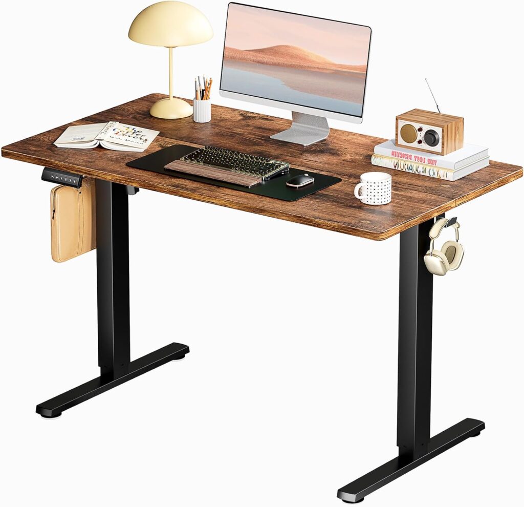Smug Adjustable Height Standing Desk 40 Inch Electric Sit Stand Up Down Computer Table Ergonomic Rising Modern Lift Motorized Gaming Desktop Workstation for Work Home Office, Brown