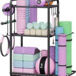 Weight Rack for Home Gym, All in One Yoga Mat Storage Rack, Workout Equipment Storage with Wheels and Hooks for Dumbbells Kettlebells Foam Rollers, Powder Coated