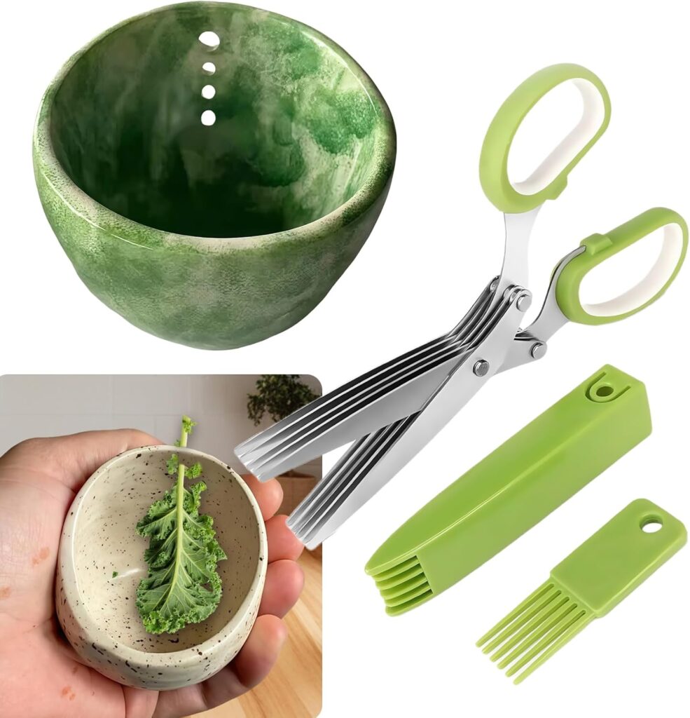 2025 Latest Herb Stripper Pottery Bowl Cutter Tool: Stripping Ceramic Fresh Herbs Kale Striper Cilantro Cutting Razor Gifts Herbalists Peeler Shredder Chopper Clay Copper Small Cup Grater (GREEN A)