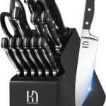 Knife Set, 15 Pcs Kitchen Knife Block Set, Enduring Razor-Sharp Japanese High Carbon Stainless Steel Chef Knife Set with Block and Sharpener, Premium Black Knives Set for Kitchen