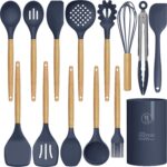 Silicone Cooking Utensils Set – 446°F Heat Resistant Silicone Kitchen Utensils for Cooking,Kitchen Utensil Spatula Set w Wooden Handles and Holder, BPA FREE Gadgets for Non-Stick Cookware (Navy Blue)