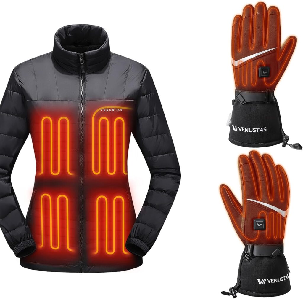 Venustas Women’s 3-in-1 Heated Down Jacket(Black, S) & Heated Gloves(Black, M), 90% Down Fill with Battery for Skiing & Winter