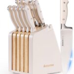 Astercook Knife Set, Kitchen Knife Set with Block and Sharpener, 12 Pcs Ultra-Sharp High Carbon Stainless Steel Knife Block Set with Non-Slip Full Tang Ergonomic Handle, Cream White Cutlery Set
