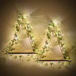Triple Artificial White Flower Garland with LED-Strip Wall Hanging Shelves Set of 2, Boho Shelves for Wall Décor, Macrame Wall Shelf for Bedroom Bathroom Living Room Kitchen (No Battery Included)