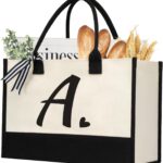 Initial Canvas Tote Bag, Personalized Beach Jute Bag Present for Women Holiday,Friends Birthday Gift,Wedding, New Year