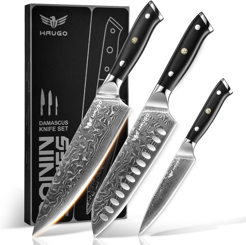 Damascus Knife Set 3 PCS Professional Chef Knife Set with Japanese VG10 Steel Core – Ultra Sharp Kitchen Knives and Full Tang G10 Handle – Ronin Series – Gift Box