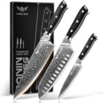 Damascus Knife Set 3 PCS Professional Chef Knife Set with Japanese VG10 Steel Core – Ultra Sharp Kitchen Knives and Full Tang G10 Handle – Ronin Series – Gift Box