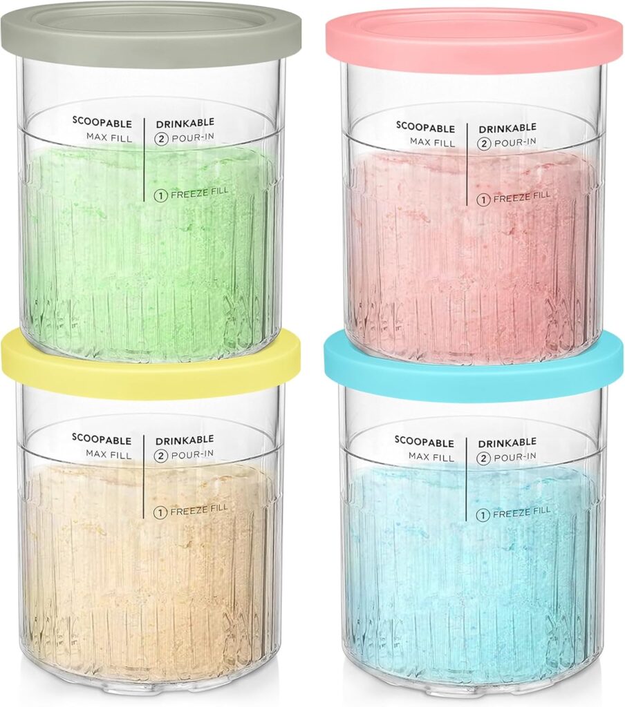 FIRJOY Replacement Pints and Lids – 24oz. Containers Compatible with Ninja Creami Deluxe 11-in-1 NC501, NC500 Series Ice Cream Maker (4 Pack – Blue, Pink, Grey, Yellow)