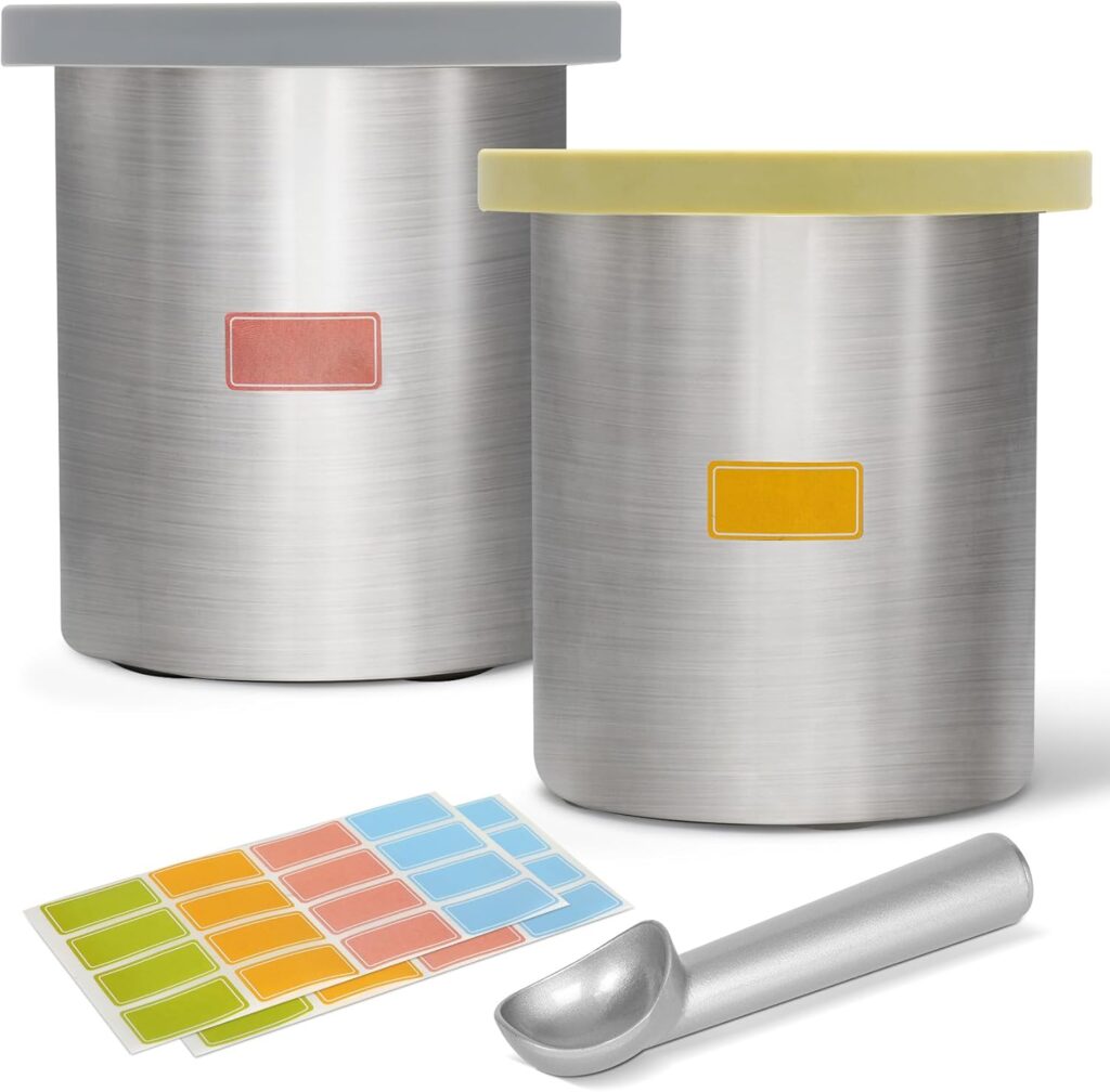 Stainless Steel Pints and Lids Replacement for Ninja Creami Containers, Compatible with Ninja Creami Ice Cream Maker NC500, NC501, CN501CO Deluxe Series – 2 Pack 24 oz, Includes Writable Color Labels