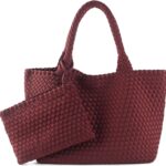 Woven Bag for Women, Large Neoprene Tote Bag Summer Beach Handbag Purse Retro Handmade Travel Shoulder Bag Set