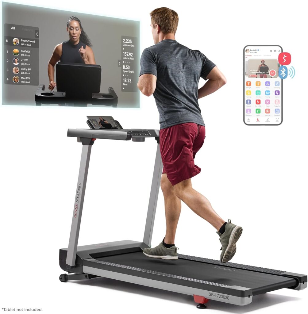 Sunny Health & Fitness Fully Assembled OneClick-Fold 20″ Smart Treadmill with Auto Incline & SunnyFit App