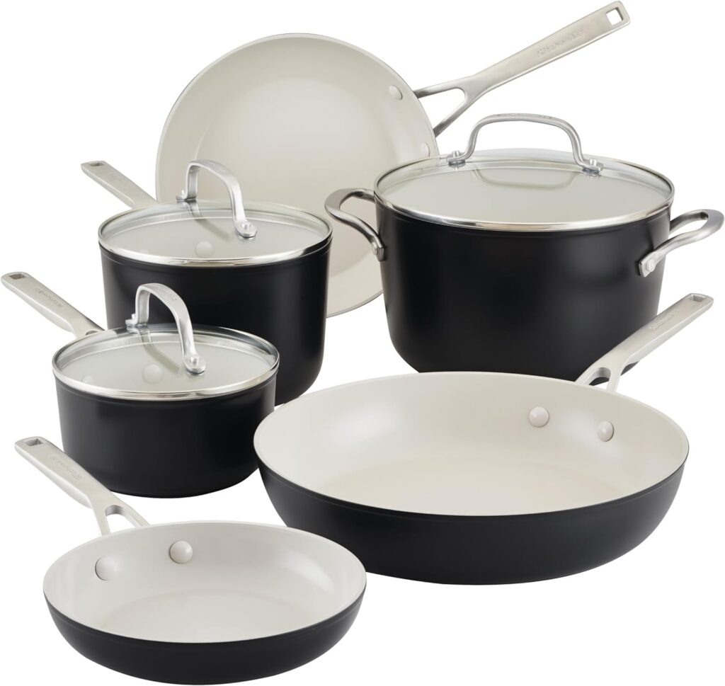 KitchenAid Hard Anodized Ceramic Nonstick Cookware Pots and Pans Set, 9 Piece – Matte Black