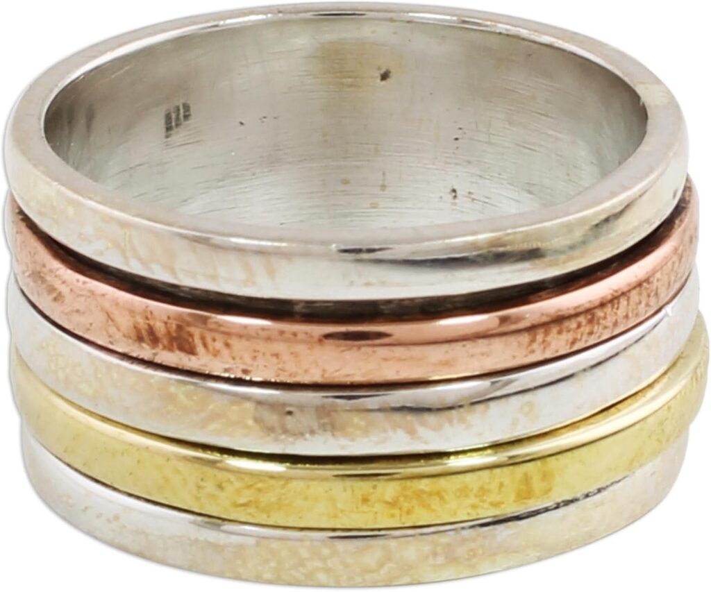 NOVICA Artisan Handmade .925 Sterling Silver Meditation Spinner Ring Simple Copper Brass Indian Modern ‘Sleek Simplicity’