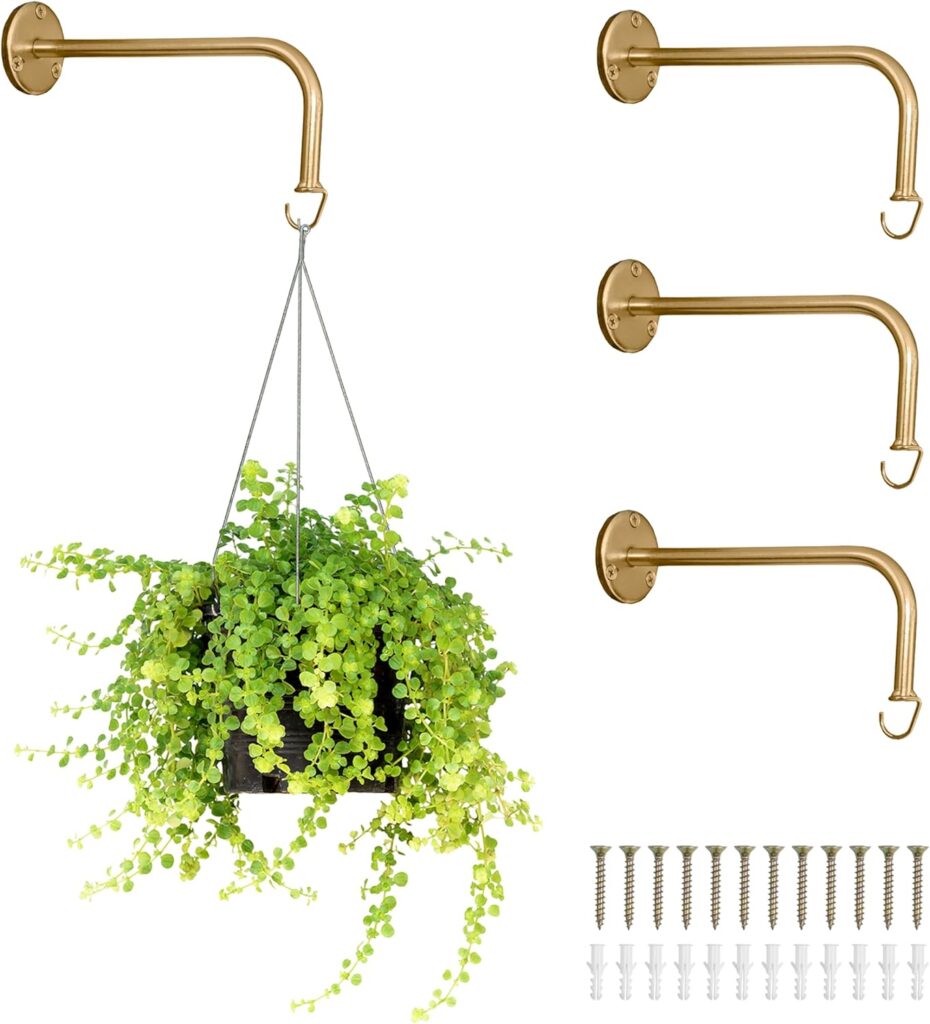 Ilyapa 4 Pack Metal Plant Wall Hanger Hooks – 7 in. Hook for Hanging, Baskets, and Macrame, Indoor Hangers in Rustic Brass Finish, Wall Planters