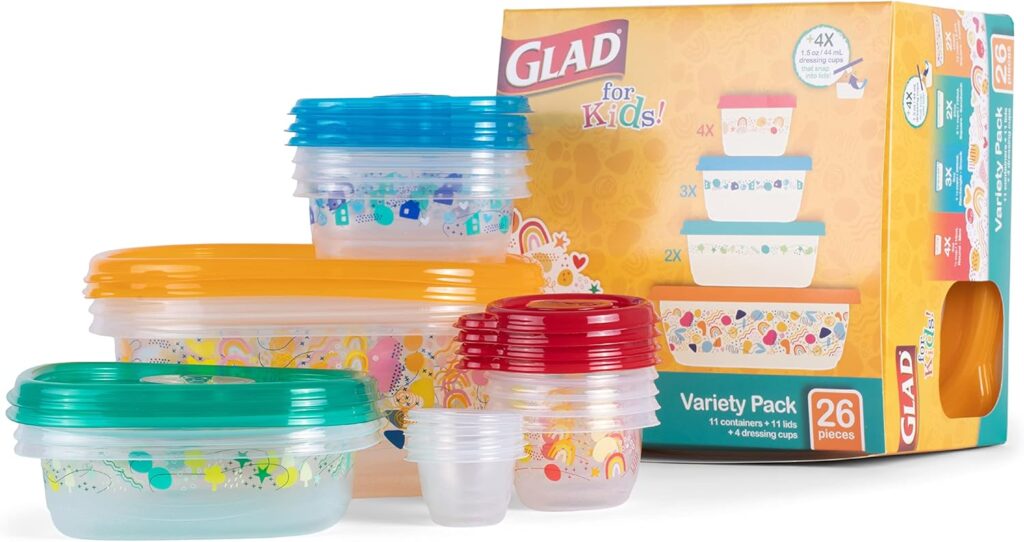 Glad for Kids GladWare Variety Pack – Back-to-School Food Storage Containers with Lids – Mixed Sizes with Rainbow and Cute Patterns – Tight-Sealing Kids Lunch Set – 26 Pieces