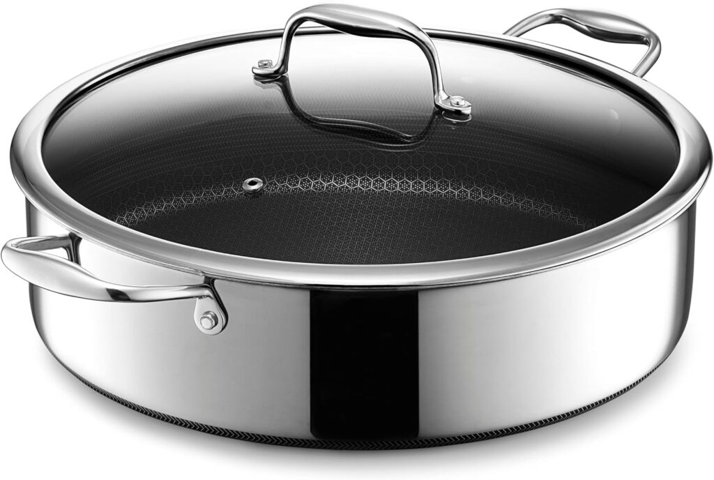HexClad Hybrid Nonstick 7-Quart Sauté Pan with Tempered Glass Lid, Chicken Fryer, Stay-Cool Handles, Dishwasher-Friendly, Oven-Safe Up to 900°F, Induction Ready, Compatible with All Cooktops