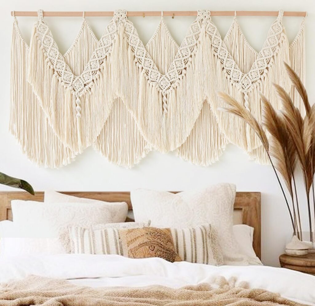 IOWER Macrame Wall Hanging Wedding Hanger Macrame Wall Decor Dorm Craftsmanship Handmade Tassel Knotting Boho Fiber Art Home Room Decor 47″ W x 25″ L