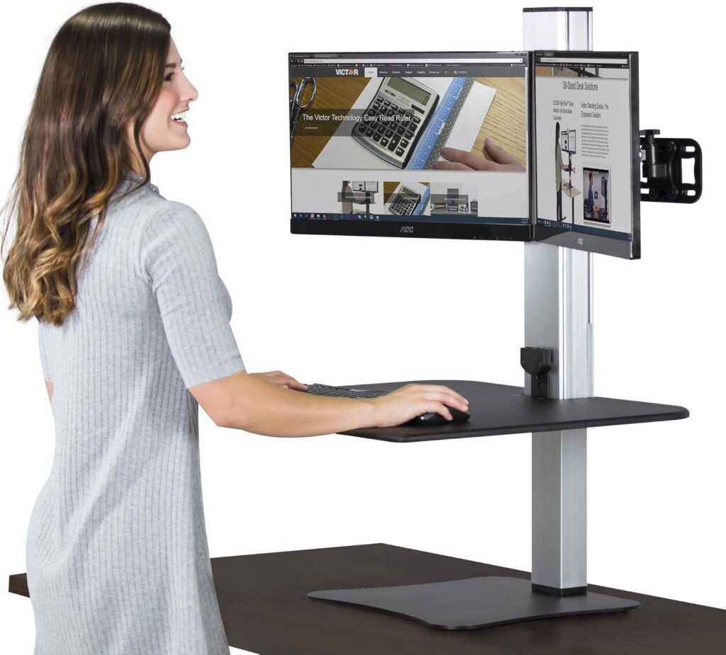 Victor High Rise Electric Dual Monitor Standing Desk Workstation, 28″ X 23″ X 20.25″, Black/Aluminum