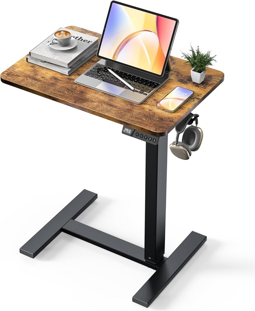 Electric Adjustable Height Standing Desk – Small Sit Stand Portable Rolling Laptop Table with Hidden Wheels, Small Computer Workstation for Bedside & Home Office Use (24″x16″,Rustic Brown)