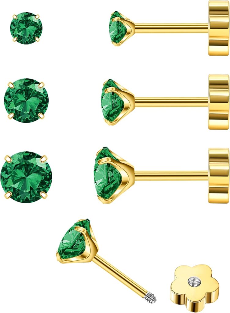 14K Gold CZ Flat Back Earrings for Women Hypoallergenic Cartilage Cubic Zirconia Earrings Studs 20G Handmade Nap Screw Back Earrings for Helix Conch Multiple Piercing