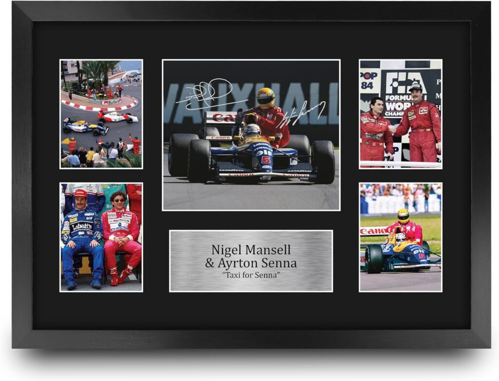 HWC Trading Nigel Mansell & Ayrton Senna Gifts Printed Signed Autograph Presentation Display for F1 Formula 1 Racing Fans – 16″ x 12″ Framed