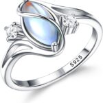 ADRAMATA 925 Sterling Silver Rings for Women Moonstone Ring Rainbow Cubic Zirconia Accents Ring Solitaire Gemstone Statement Rings 18K Gold Plated Silver Rings