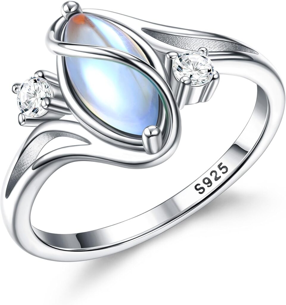 ADRAMATA 925 Sterling Silver Rings for Women Moonstone Ring Rainbow Cubic Zirconia Accents Ring Solitaire Gemstone Statement Rings 18K Gold Plated Silver Rings
