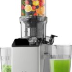 Cold Press Juicer, Juicer Machines with 4.35” Wide Feed Chute, Stainless Steel Slow Masticating Juicers Easy to Clean, Vegetables & Fruits Juice Extractor, High Juice Yield, Gray Knob