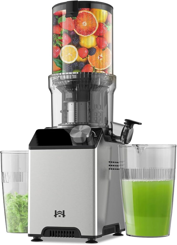 Cold Press Juicer, Juicer Machines with 4.35” Wide Feed Chute, Stainless Steel Slow Masticating Juicers Easy to Clean, Vegetables & Fruits Juice Extractor, High Juice Yield, Gray Knob