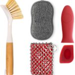 TEZZ 5 Pieces Cast Iron Cleaner Kit Include Stainless Steel Chainmail Scrubber, Dish Scrub Brush, Dual Sided Kitchen Dish Scrubber Sponge, Hot Handle Holder For Cleaning Cast Iron Skillets, Pot & Pans