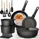 Astercook Non Stick RV Pots and Pans Ceramic Kitchen Cookware Set with Detachable/Removable Handle, Oven Safe, Induction Ready, Stackable, Black, 21 pcs