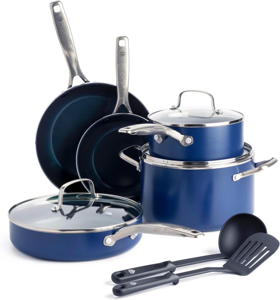 Blue Diamond 10 Piece Nonstick Cookware Set, Diamond Ceramic Pots & Pans, Dishwasher & Metal Utensil Safe, Non Toxic PFAS-Free, Kitchen Cooking Sauce & Saute Pans, Oven & Broiler to 600F, Blue