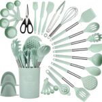 QMVESS Silicone Cooking Utensils Set, 28 Pcs Non-Stick Kitchen Utensils Set with Holder, 446°F Heat Resistant Spatula, Tongs, Spoons Set with Stainless Steel Handle Kitchen Gadgets (Light Green)