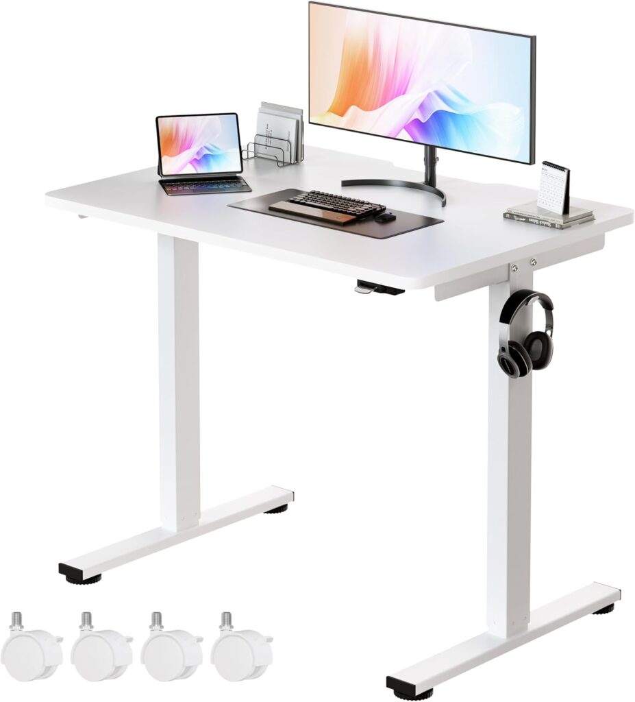 Okin Small Electric Standing Desk, 36″ x 24″ Whole Piece Height Adjustable Desk, White Sit to Stand Computer Workstation with Wheels for Home Office