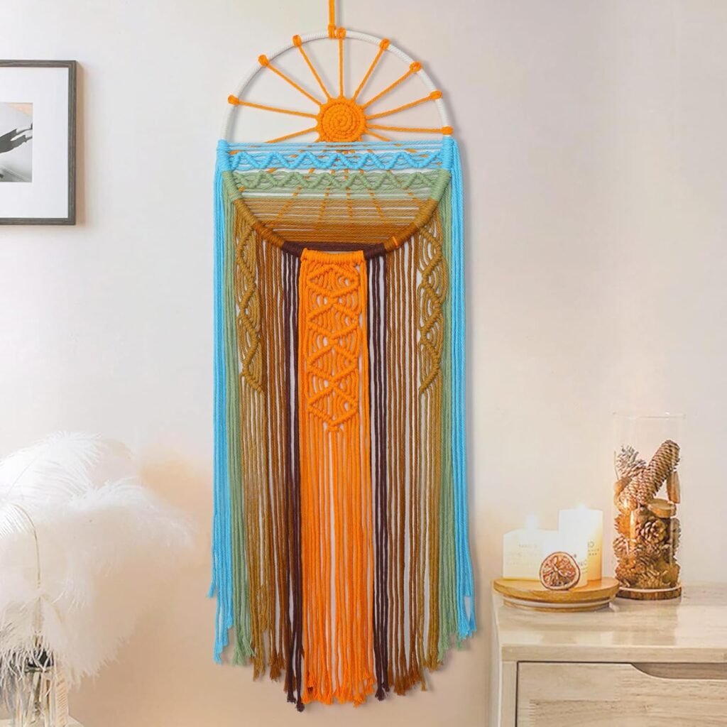 Macrame Wall Hanging – Large Boho Woven Sunset Dream Catcher with Colorful Tassels – Sun Wall Decor for Bedroom, Nursery, Living Room, Apartment