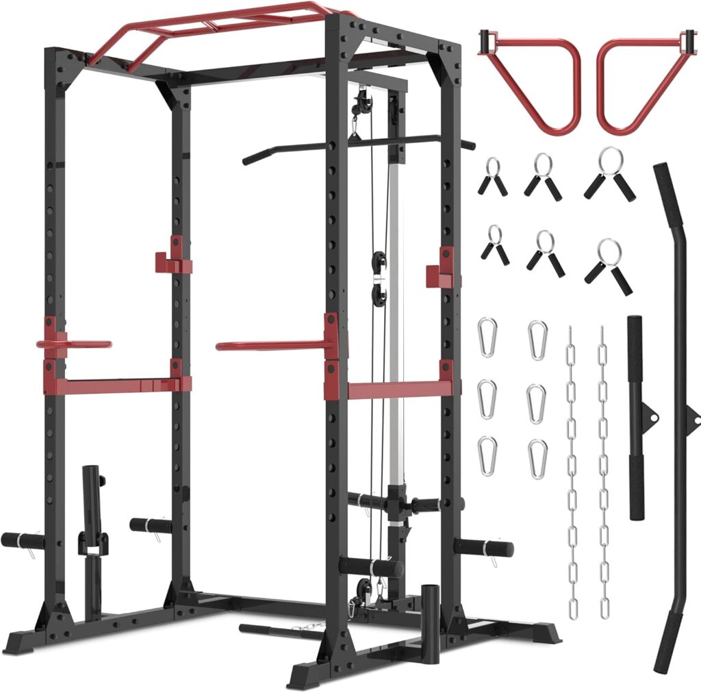 Fitness Reality Power Cage Squat Rack with Optional LAT Pulldown, Cable Crossover, 800 lb Capacity, Multi-Grip Pull-Up Bar, Adjustable Safety Bars, Strength Training for Home Gym