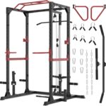 Fitness Reality Power Cage Squat Rack with Optional LAT Pulldown, Cable Crossover, 800 lb Capacity, Multi-Grip Pull-Up Bar, Adjustable Safety Bars, Strength Training for Home Gym
